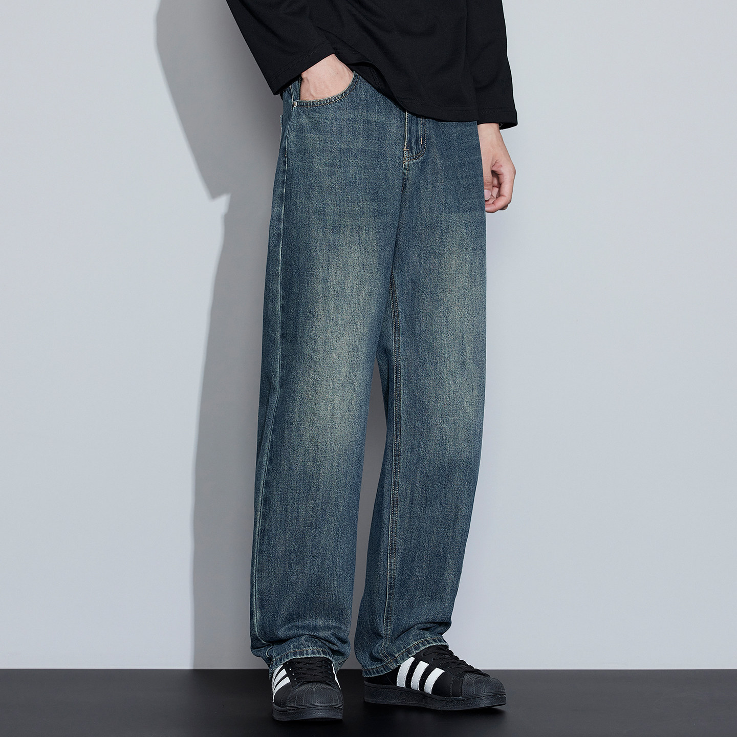 美式复古做旧蓝牛仔裤男 宽松直筒阔腿垂感百搭休闲长裤