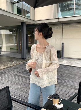 alive moment 2025春秋韩版重工刺绣钩花方领衬衫显瘦气质上衣女