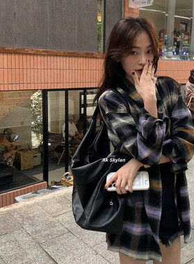 AK skylan港味复古小众街头磨毛格子衬衫女2025春宽松休闲风上衣