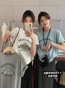 The lemon 2024夏季新款chic复古宽松百搭字母印花短袖T恤女 6328
