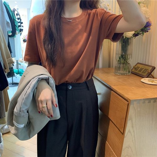 磨毛圆领短袖T恤女宽松纯色打底