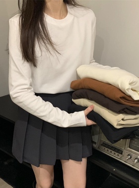 bluepops白色磨毛长袖T恤女秋冬韩版简约百搭净版打底衫圆领上衣