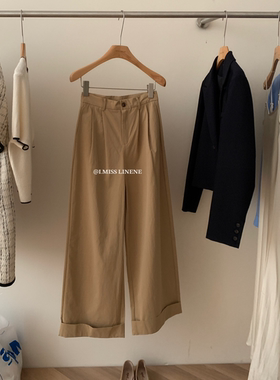 IMISS 2025春秋新款韩系简约百搭设计感卷边阔腿裤显瘦高腰休闲裤