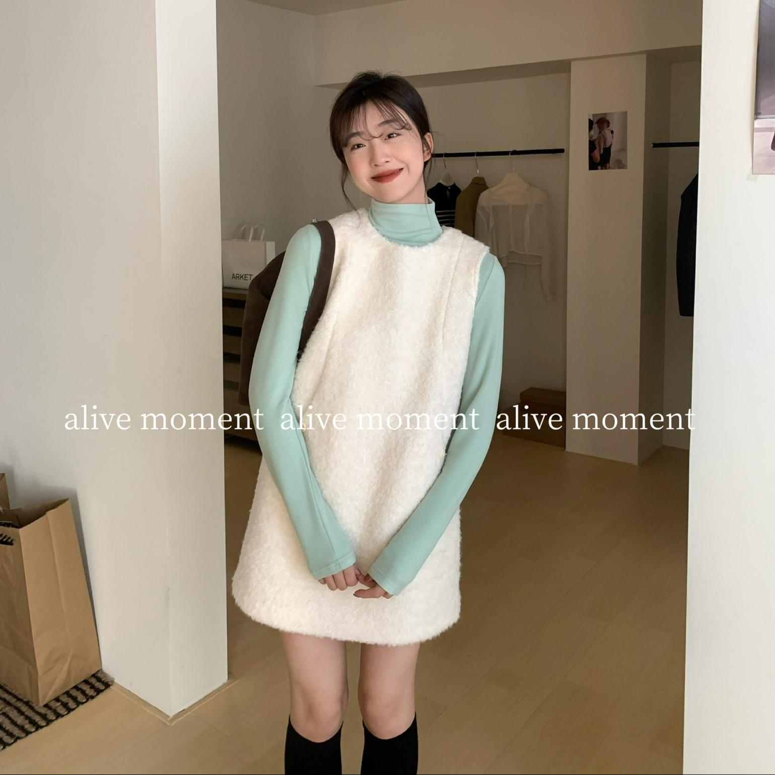 圆领羊毛纯色背心裙圆领连衣裙冬