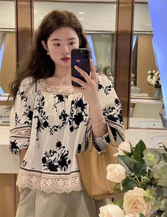 sicily法式复古水墨画蕾丝拼接碎花娃娃衫女宽松显瘦气质方领衬衫