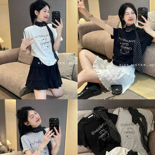 KISS SISTER夏韩版百搭显瘦涂鸦设计减龄波点短袖T恤(配丝巾 1133