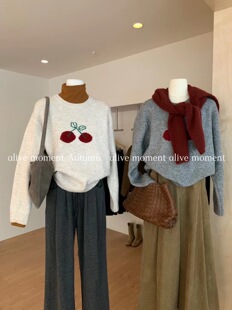 alive复古甜美樱桃软糯毛衣2023冬季新款减龄穿搭设计感圆领上衣