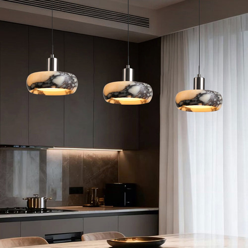 天然奢石升降餐厅吊灯2026新款意式极简轻奢高级感餐桌岛台三头灯