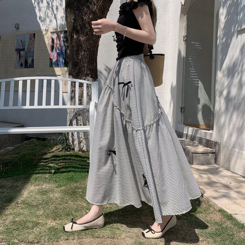 小众设计感半身裙女2026甜美风蝴蝶结格子显瘦休闲中长款半身裙