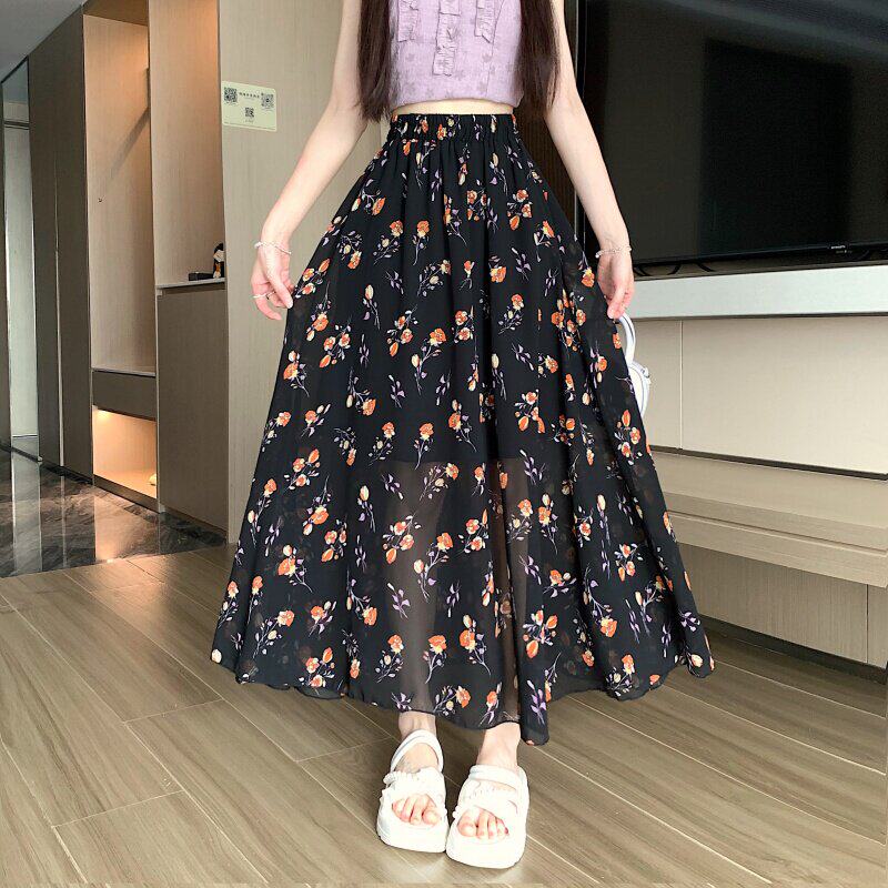 印花雪纺半身裙女2026夏季新款百搭长款A字裙简约韩风大摆长裙