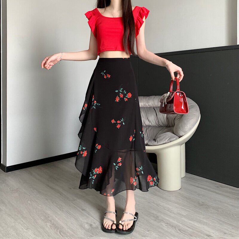 碎花半身裙女2026夏季不规则一片式雪纺中长款度假风玫瑰花印花裙