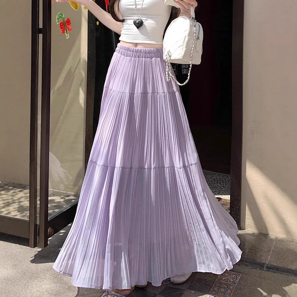 【雪纺面料+有内衬】雪纺半身裙女夏天2026新款休闲百褶大摆裙长