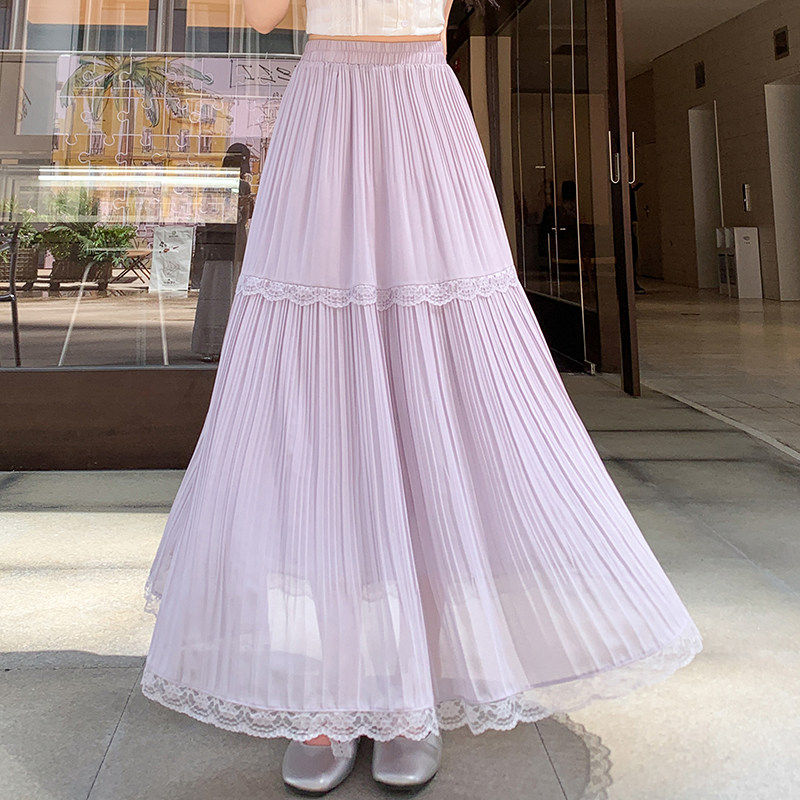 雪纺百褶裙长款白色高腰半身裙春夏大摆A字长裙女蕾丝蛋糕裙伞裙
