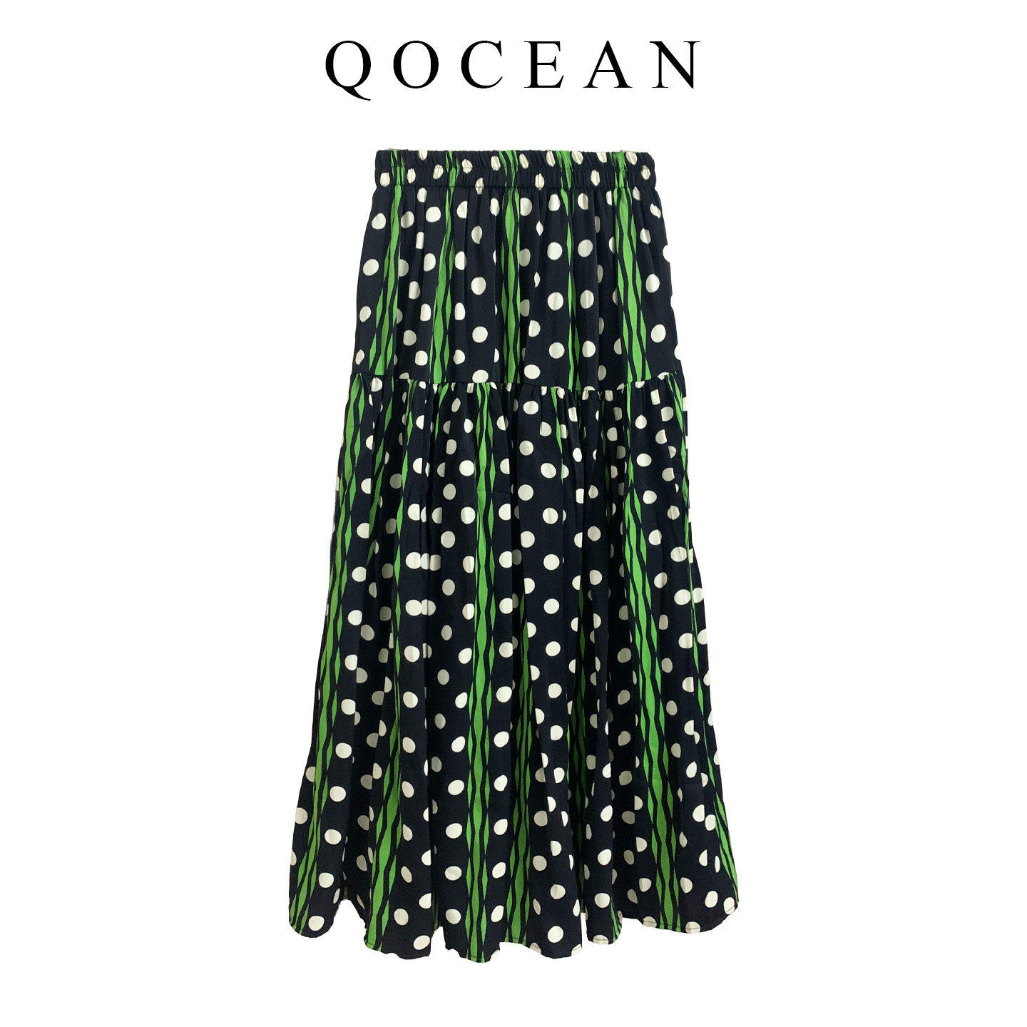 白色波点半身裙女2026夏季新款高腰显瘦中长款大摆拼接绿色A字裙