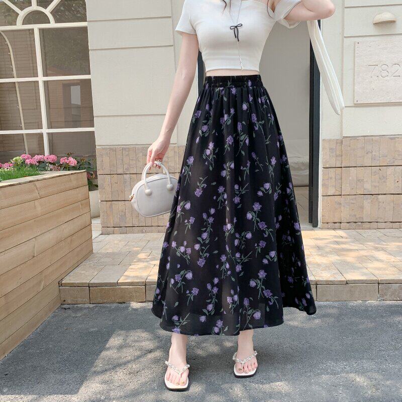 田园风碎花A字半身裙女2026夏季黑色大摆长裙显瘦遮胯百搭雪纺裙