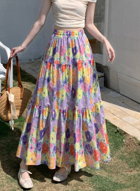 法式复古油画印花棉质半身裙女夏季高饱和度撞色碎花蓬蓬裙蛋糕裙