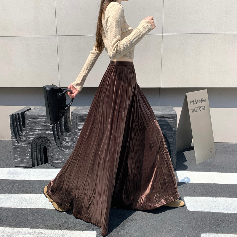 复古丝绒褶皱半身长裙女2026秋冬高腰A字百褶裙显瘦垂坠感伞裙