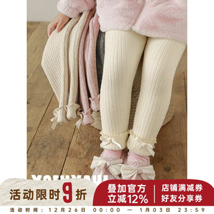 轻柔舒适日常百搭休闲裤 幼悠女童加绒加厚蝴蝶结打底裤 冬季 款 修身