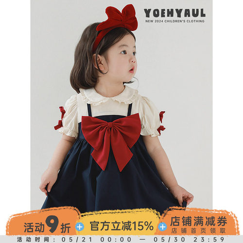 幼悠女童荷叶花边娃娃翻领校园风连衣裙春夏季甜蜜可爱蝴蝶结裙子