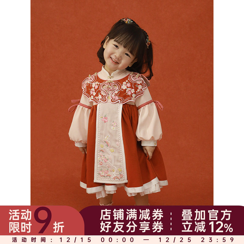 女童春秋立领泡泡袖时尚洋气裙子