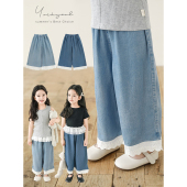 百搭拼接阔腿裤 俏丽可爱时尚 子潮 夏季 幼悠女童刺绣波浪花边牛仔裤