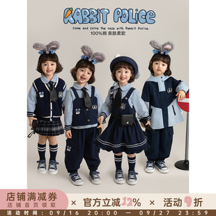 幼悠女童春季新款娃娃领衬衫无袖马甲短裙宽松束脚裤兔子警探套装