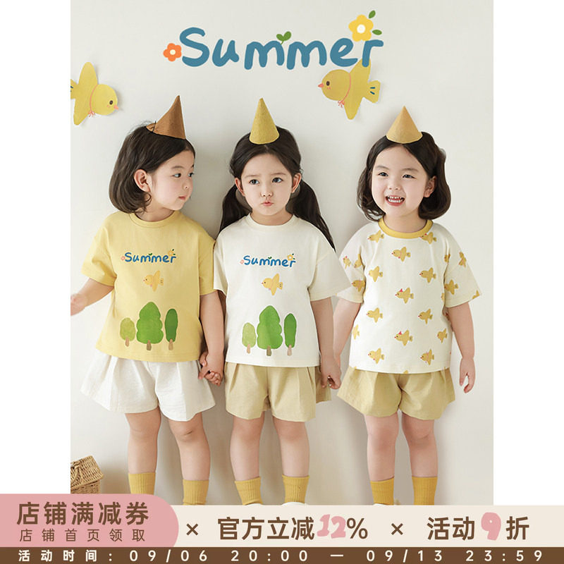 幼悠 女童小树小鸟短袖2025夏季童趣可爱罗纹领圈微落肩宽松T恤潮图片
