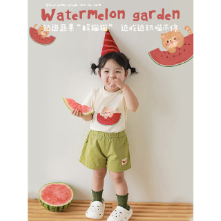幼悠 女童西瓜系列T恤2025夏季新款可爱卡通绿色短裤宝宝束脚裤潮