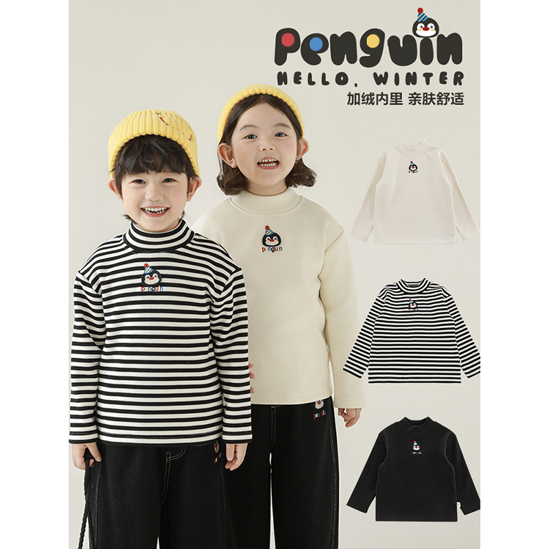 幼悠女童企鹅套装冬季童趣可爱加绒加厚半高领打底衫蓝色牛仔裤潮