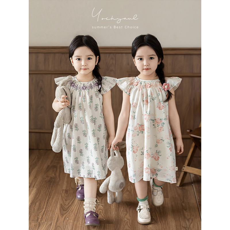 幼悠女童小蝴蝶结碎花裙2025夏季甜蜜可爱立体灵动花边飞袖连衣裙