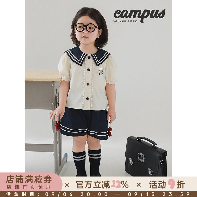 幼悠女童JK甜心少女春夏季学院风撞色海军翻领花边袖水手服套装潮图片
