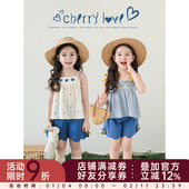 幼悠女童海岛假日系列夏季 洋气可爱清雅绣花吊带蝴蝶结织带短裤 潮