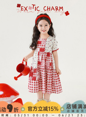 幼悠 女童碎花格纹印花A字连衣裙2025夏季红色织带拼接袖口裙子潮