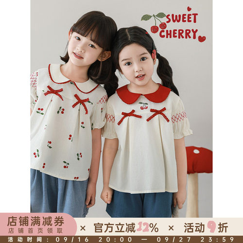 幼悠女童小巧玲珑双蝴蝶结娃娃衫夏季甜美可爱轻薄透气樱桃衬衫潮