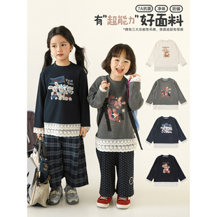幼悠 女童拼接双层蕾丝花边打底衫秋季甜美可爱柔软透气休闲T恤潮