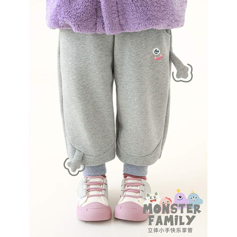 幼悠女童卡通表情卫裤冬季洋气可爱怪兽萌宠绣花防风保暖针织长裤