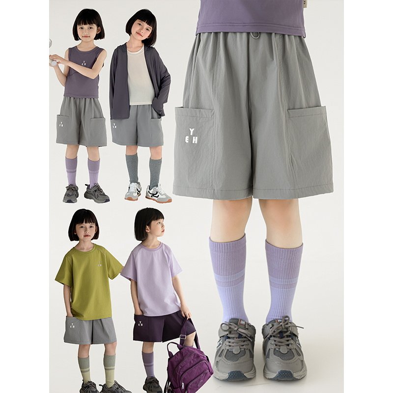 幼悠女大童原创字母印花潮酷帅显瘦休闲裤大贴布口袋可调扣绳短裤图片
