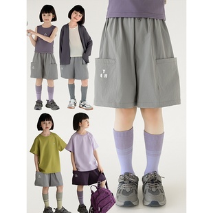 幼悠女大童原创字母印花潮酷帅显瘦休闲裤大贴布口袋可调扣绳短裤