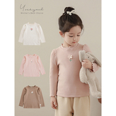 女童纯色立体钩花修身 打底衫 冬季 幼悠 复古微抽褶泡泡袖 保暖T恤潮