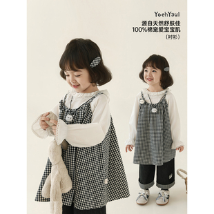 幼悠女童春季新款正反两穿娃娃衫格纹背带裙不易褪色牛仔裤套装潮