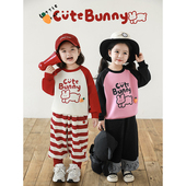 幼悠女童美式 卫衣春秋童趣可爱罗纹收束弹力上衣潮 复古撞色插肩袖