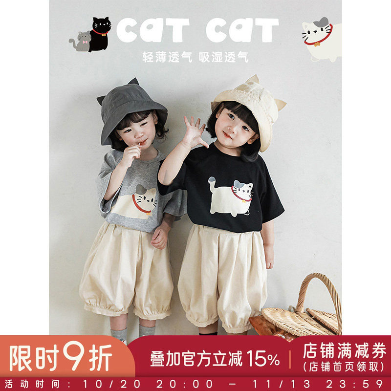 幼悠 女童卡通猫咪短袖夏季儿童宽松休闲插肩袖T恤宝宝简约五分袖