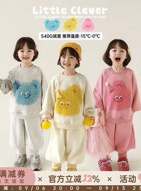 幼悠女童2025冬季新款加绒加厚卡通卫衣休闲保暖束脚长裤可爱套装
