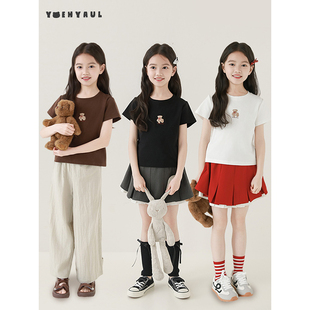 幼悠女大童萌熊玩偶手工绣花罗纹圆领弹柔百搭QQ软软云感棉女短袖