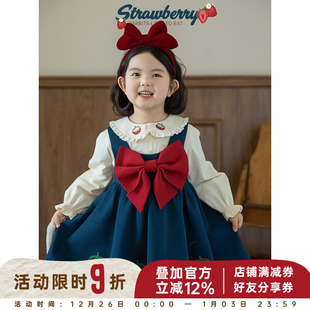 幼悠女童 撞色立体大蝴蝶结公主裙春秋甜蜜可爱草莓绣标A字背带裙