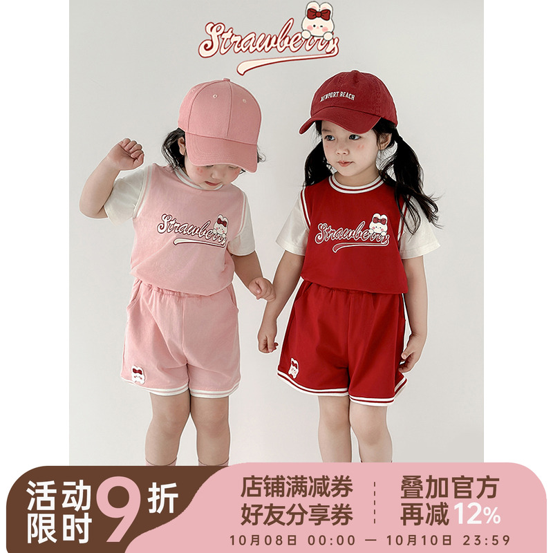 幼悠女童篮球宝贝假两件运动套装夏季元气可爱字母短袖宽松短裤潮