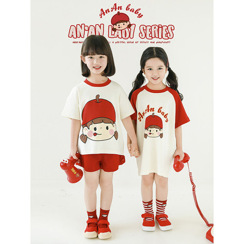 幼悠女童安安系列夏季宽松插肩短袖中长款清凉飒爽直筒短裤多件套