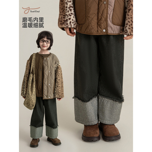 幼悠女大童冬季新款柔软亲肤立体有型翻折毛边加绒宽松直筒牛仔裤