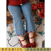 儿童复古弹力裤 幼悠女童修身 樱桃贴布绣秋冬百搭牛仔裤 新款 喇叭裤