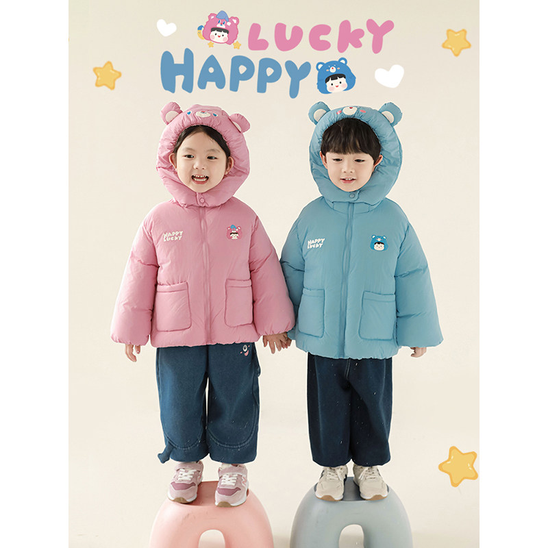幼悠女童加高领口小熊棉服2025冬季新款洋气可爱防风保暖连帽外套